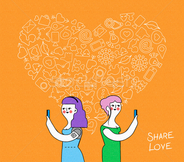 On-line dragoste lesbiană cuplu icoane pe internet ilustrare Imagine de stoc © cienpies