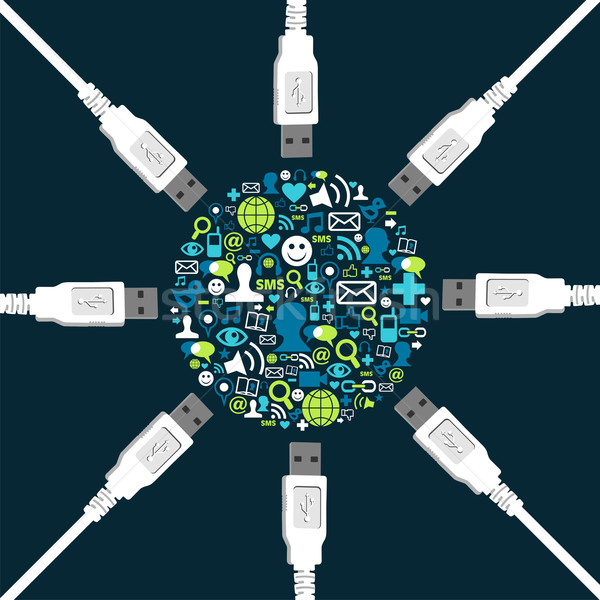 Social icon set circle shape surrounded by USB wires Stock photo © cienpies