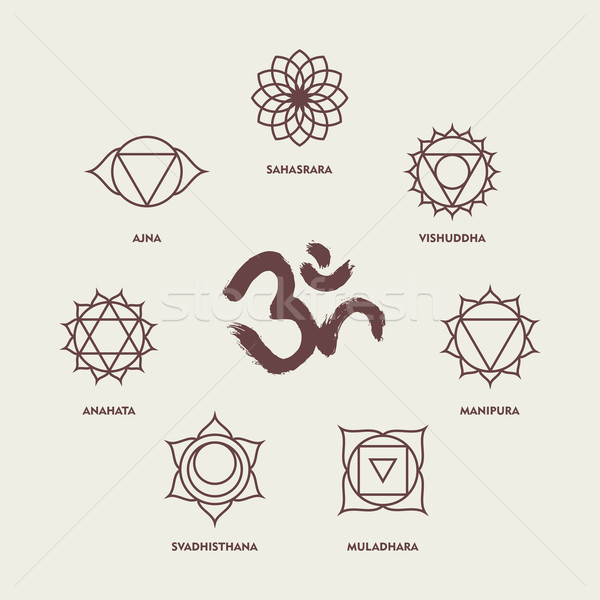 Chakra symbols line style set and om calligraphy Stock photo © cienpies