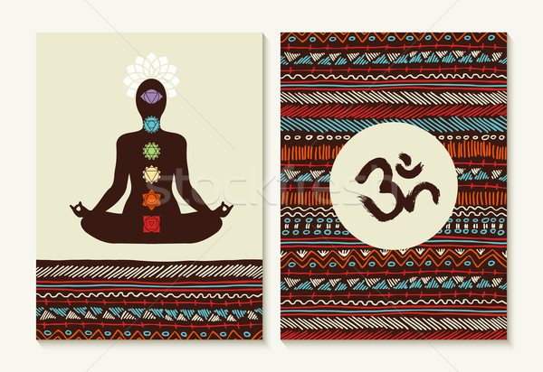 Stock photo: Yoga concept set boho background and chakra icons