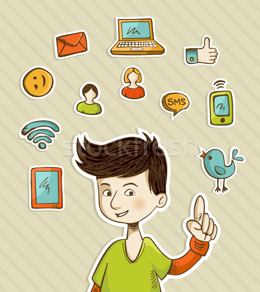 Stockfoto: Sociale · tiener · iconen · presenteert · social · media · retro