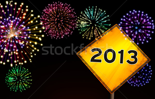Happy new year feux d'artifice panneau routier 2013 année jaune Photo stock © cienpies