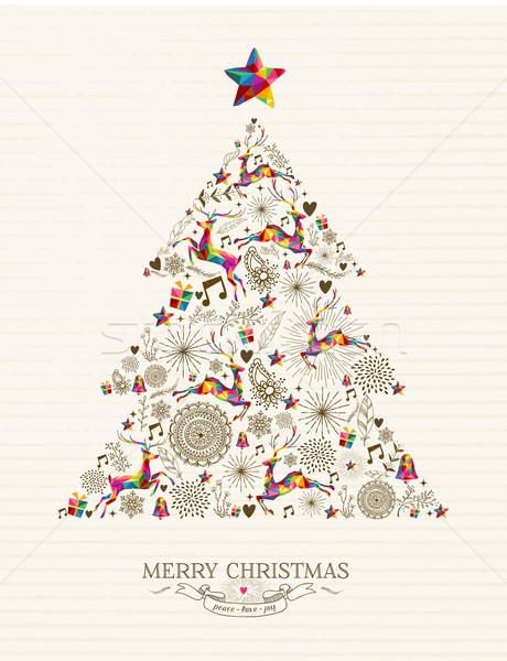 ストックフォト: ヴィンテージ · クリスマスツリー · グリーティングカード · カラフル · トナカイ