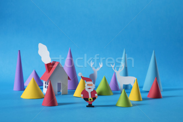 Christmas paper cut santa house deer greeting card Stock photo © cienpies