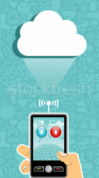 Stock foto: Cloud · Computing · Kommunikation · Hand · halten · Handy · ein