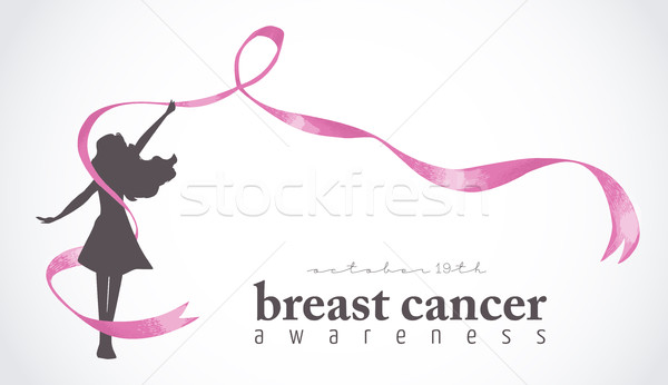 Happy girl with pink ribbon for breast cancer Stock photo © cienpies