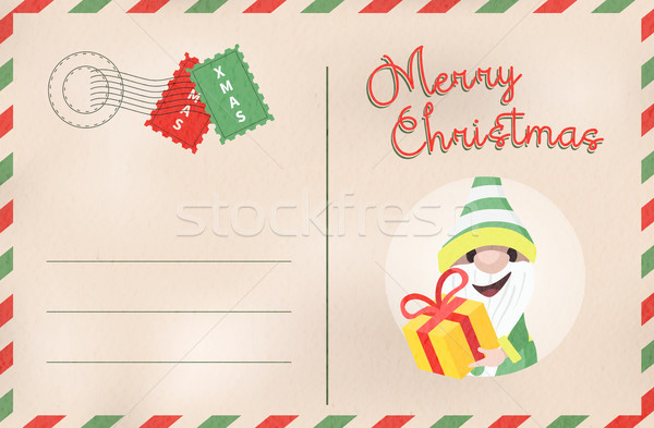 Merry Christmas retro elf holiday postcard Stock photo © cienpies