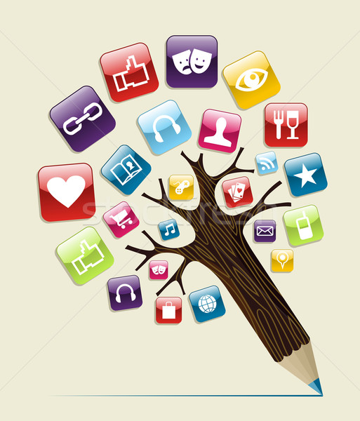 Stok fotoğraf: Sosyal · medya · kalem · ağaç · parlak · simgeler · düğmeler