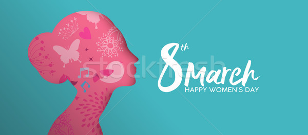 Stock photo: Happy Womens Day pink paper cut girl face banner