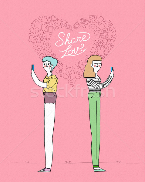 Online love concept women couple on mobile Stock photo © cienpies