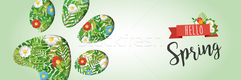 Stock photo: Hello Spring animal paw paper cutout web banner