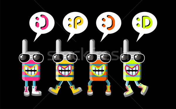 Stockfoto: Cool · mobiele · telefoon · groep · mascottes · vier · funky