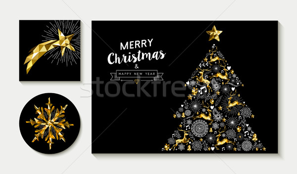 Gold christmas pine tree card design template set Stock photo © cienpies