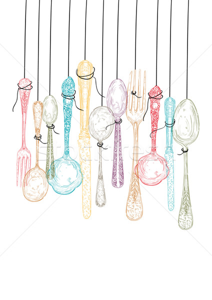 Hanging cutlery elements sketch. Stock photo © cienpies
