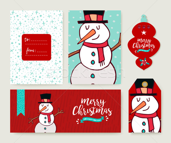 Stock photo: Christmas card template holiday snowman doodle set