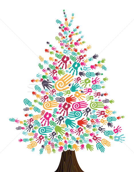 Foto stock: Diversidad · árbol · de · navidad · manos · aislado · tarjeta · de · felicitación