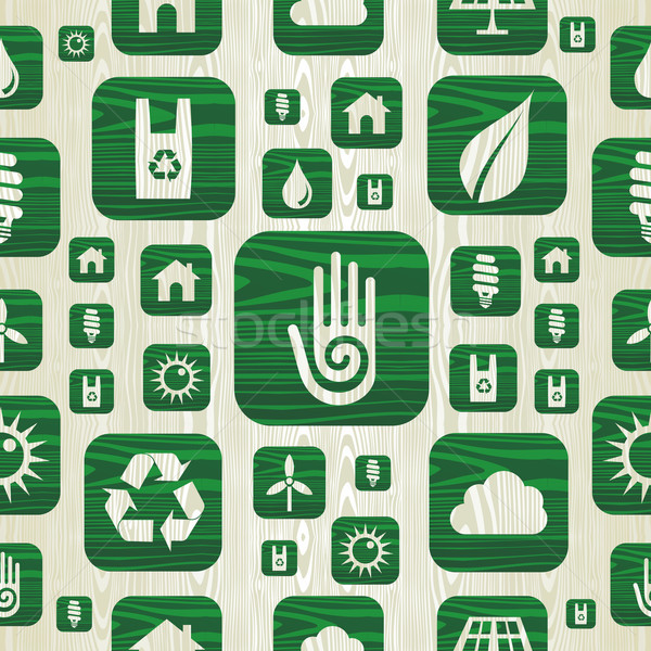Environmental green icons pattern in organic wood Stock photo © cienpies