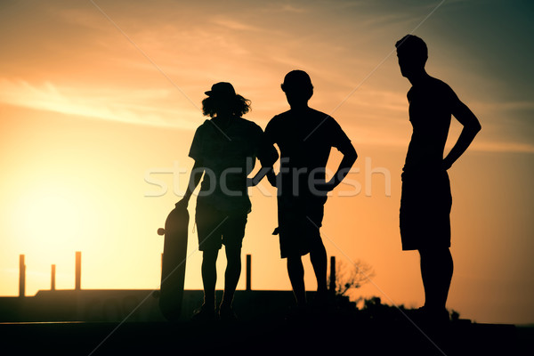 Teen jongens silhouet skate park zomer Stockfoto © cienpies