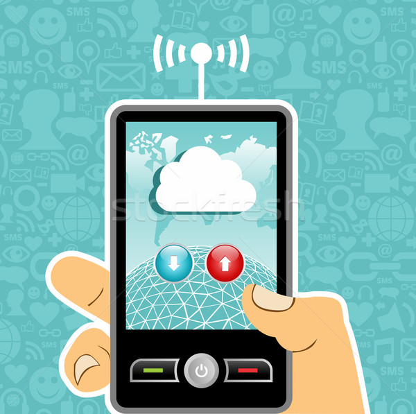 Felhő alapú technológia alkalmazás kéz tart mobiltelefon felhő Stock fotó © cienpies