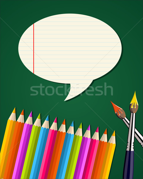 Stock photo:  Back to school supplies set with talk bubble