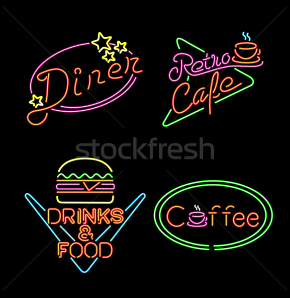 Retro neon light sign set food coffee drink Stock photo © cienpies