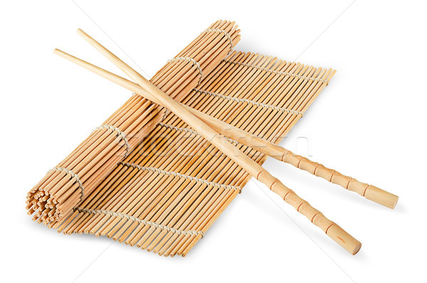 Sushi teilweise Essstäbchen isoliert weiß Holz Stock foto © Cipariss