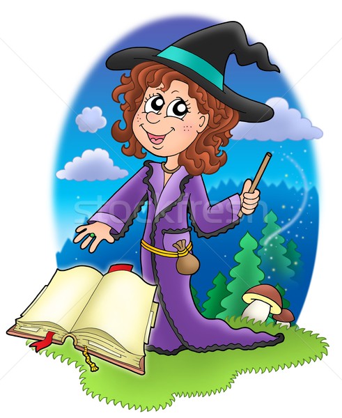 Cute witch with wand and book Stock photo © clairev