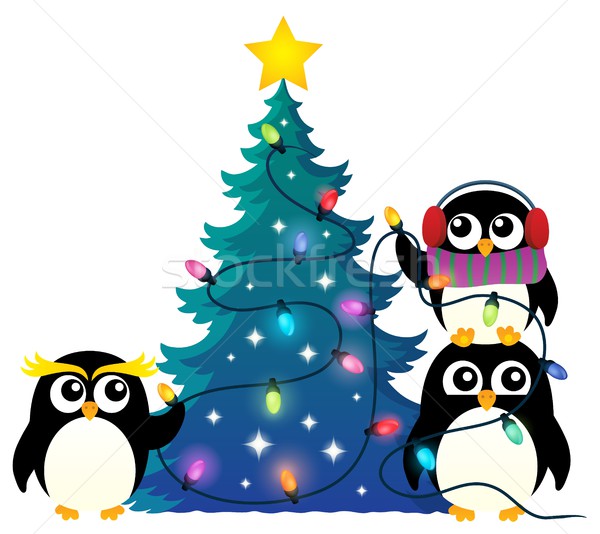 Foto stock: Em · torno · de · árvore · de · natal · árvore · pássaro · aves · cabo