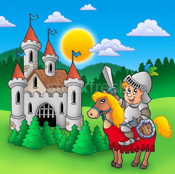[[stock_photo]]: Chevalier · cheval · vieux · château · couleur · illustration