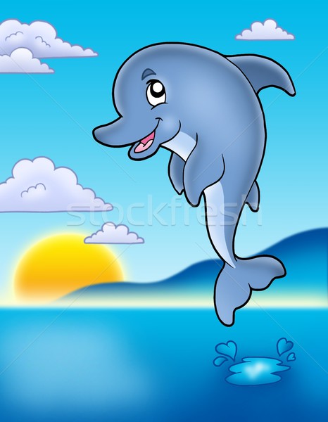 Cute springen Delphin Sonnenuntergang Farbe Illustration Stock foto © clairev