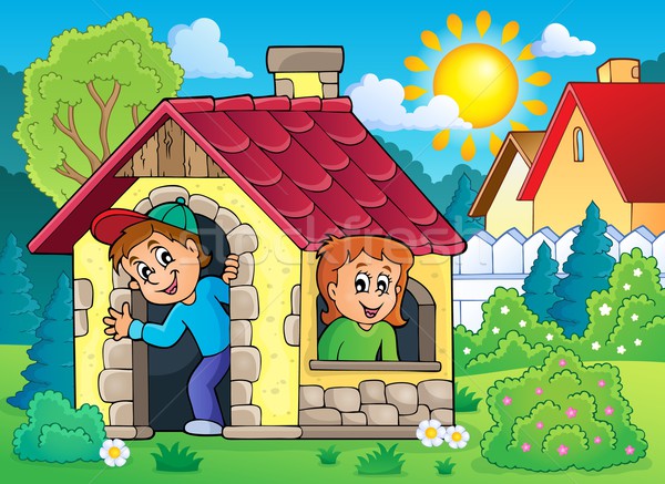 商业照片: 孩子 · 播放 ·小· 房子 · 快乐 · 花园
