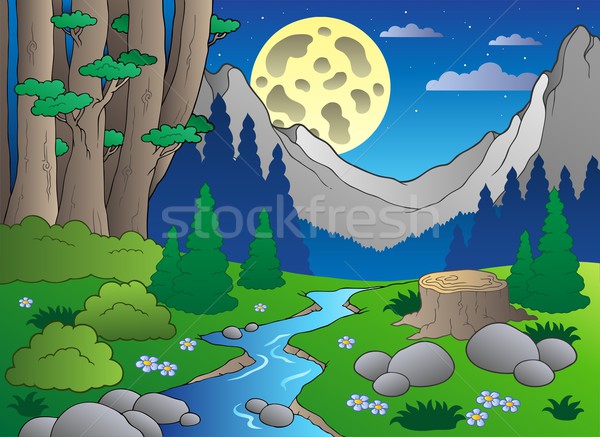 Foto stock: Desenho · animado · floresta · paisagem · árvores · montanha · verão