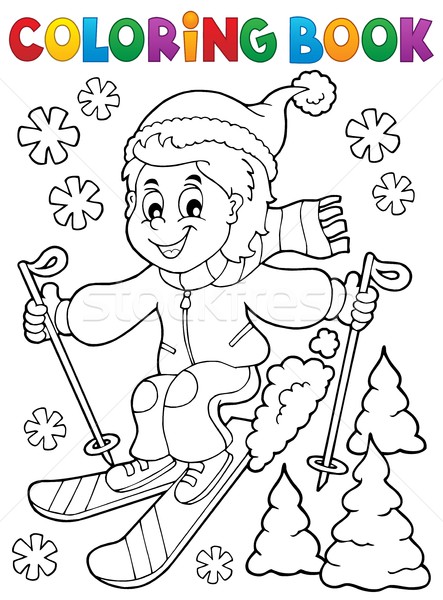 Ausmalbuch Skifahren Junge Buch Kind malen Stock foto © clairev