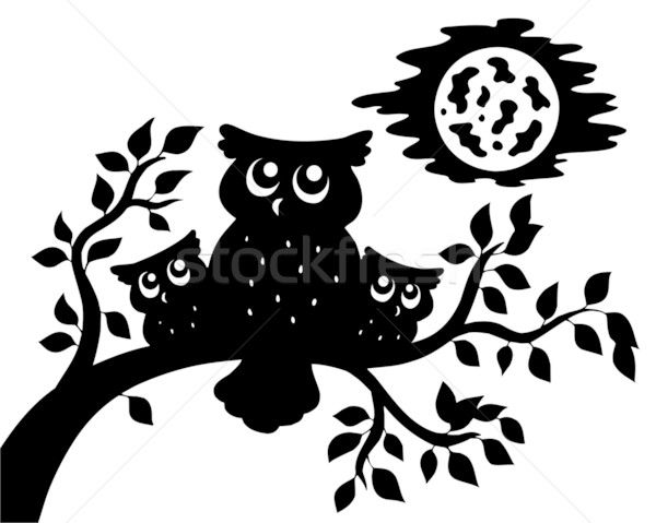 Stock photo: Silhouette of three owls on branch