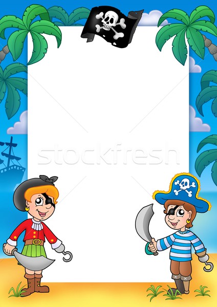 Foto stock: Quadro · pirata · menino · menina · cor · ilustração