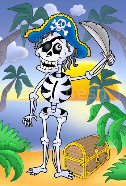 Pirate skeleton with sabre and treasure chest Stock photo © clairev