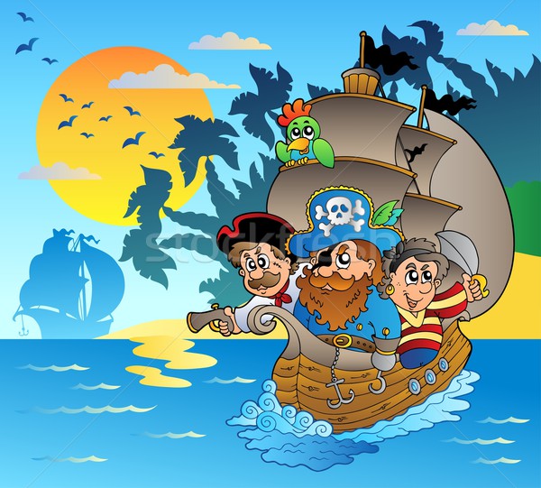 Three pirates in boat near island Stock photo © clairev
