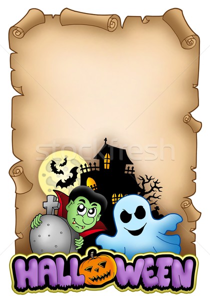 Stockfoto: Perkament · halloween · kleur · illustratie · gezicht · gebouw