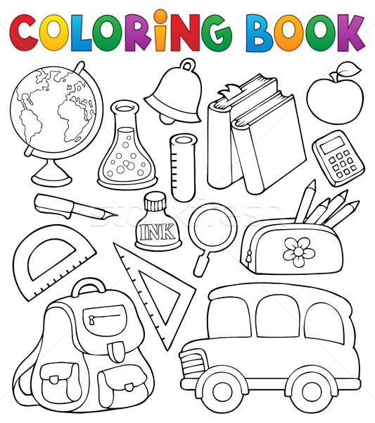 Livro para colorir escolas objetos livro maçã caneta Foto stock © clairev