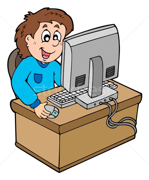 商业照片: 漫画 · 男孩 · 工作的 · 计算机 · 微笑 · 孩子