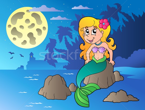 Nacht Seenlandschaft Karikatur Meerjungfrau Lächeln Frauen Stock foto © clairev