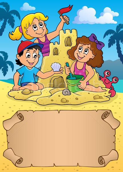 Small parchment and kids by sand castle Stock photo © clairev