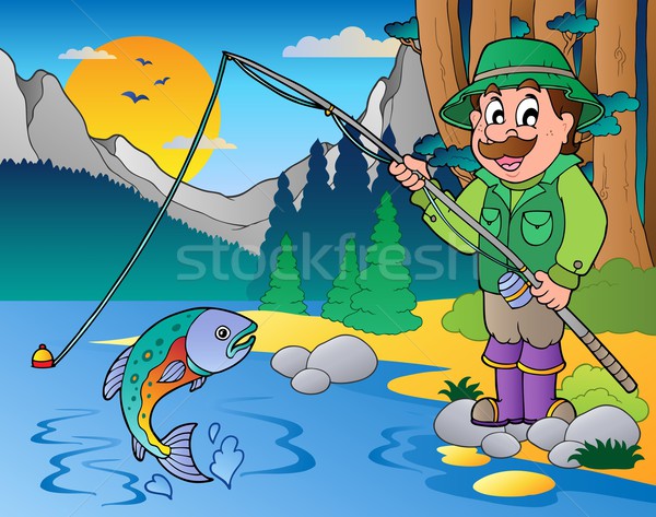 Lago Cartoon pescador agua hombre peces Foto stock © clairev