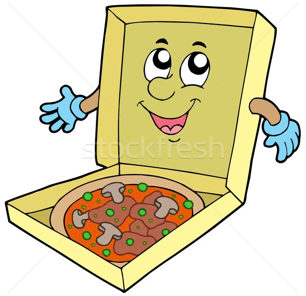 Foto stock: Desenho · animado · caixa · de · pizza · papel · mãos · comida · cara