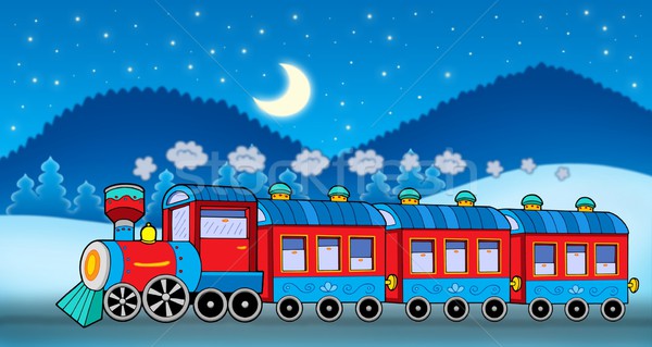 Сток-фото: поезд · зима · пейзаж · цвета · иллюстрация · небе