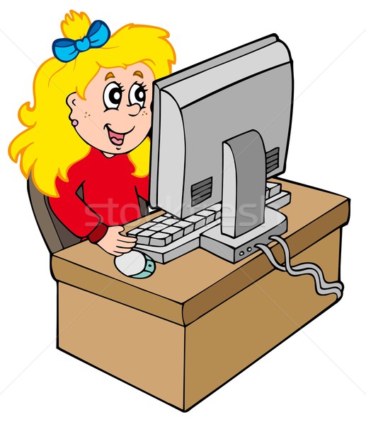 Cartoon девушки рабочих компьютер улыбка ребенка Сток-фото © clairev