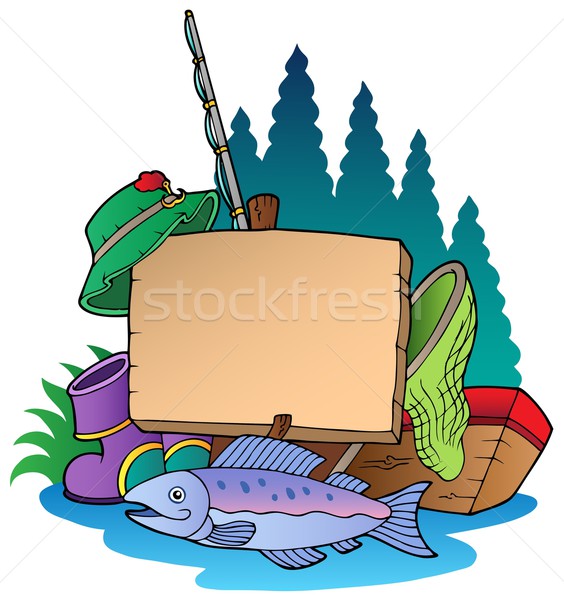 Wooden board with fishing equipment Stock photo © clairev