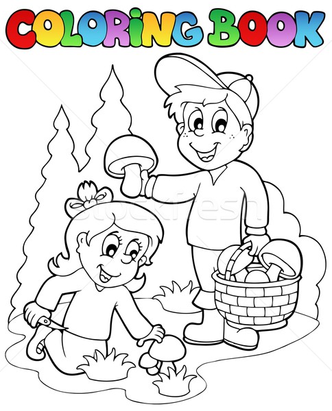 Coloring book with kids mushrooming Stock photo © clairev