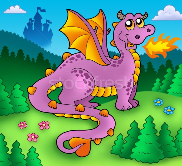 Big purple dragon with old castle Stock photo © clairev