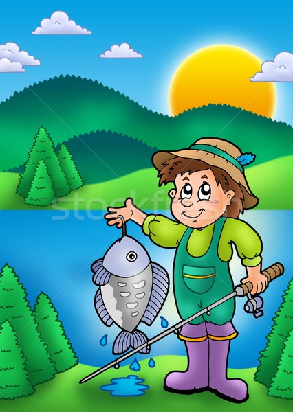 Stock photo: Small fisherman with fish